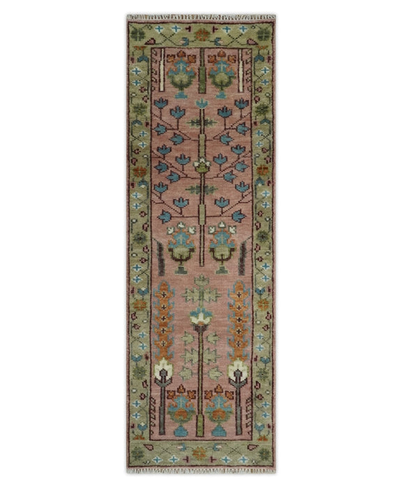 Ready to Ship Pink, Olive and Beige Traditional Vintage Style Tree Wool Rug