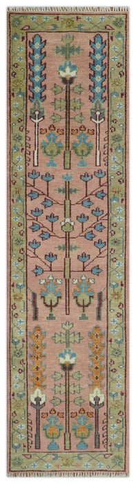 Ready to Ship Pink, Olive and Beige Traditional Vintage Style Tree Wool Rug