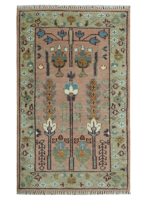 Ready to Ship Pink, Olive and Beige Traditional Vintage Style Tree Wool Rug