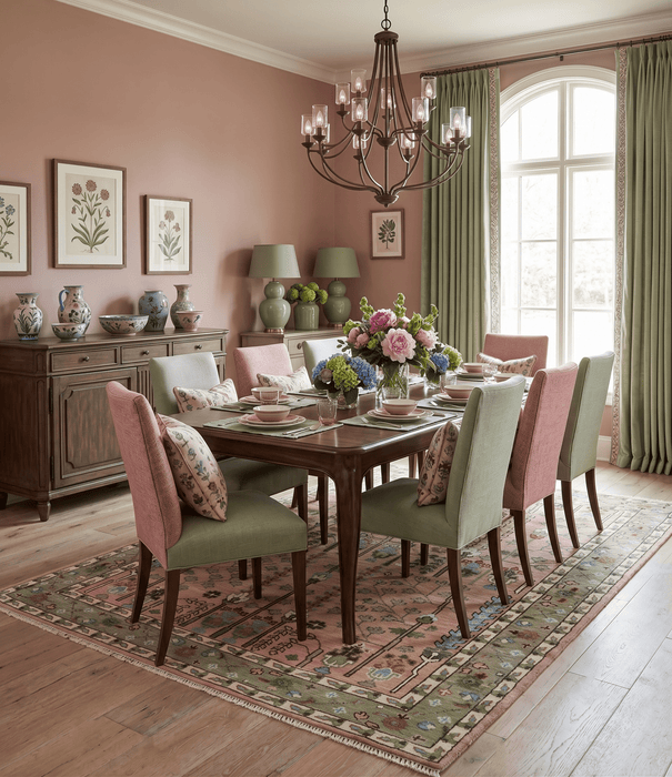 Ready to Ship Pink, Olive and Beige Tree of life Vintage Traditional Wool Rug