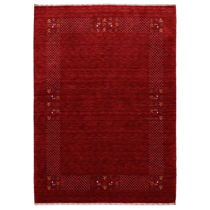 Ready to Ship Red Contemporary Border Motifs Hand Loomed Wool Area Rug