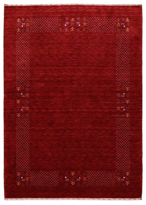 Ready to Ship Red Contemporary Border Motifs Hand Loomed Wool Area Rug
