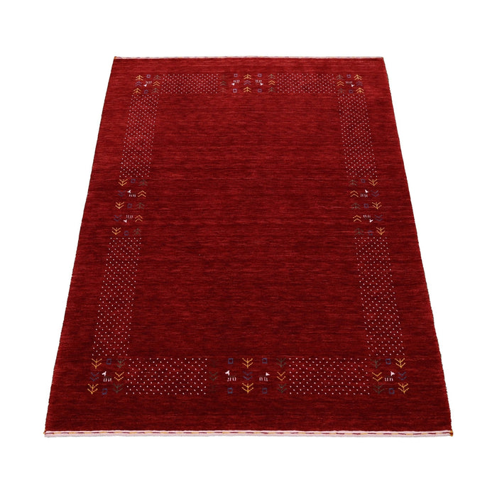 Ready to Ship Red Contemporary Border Motifs Hand Loomed Wool Area Rug