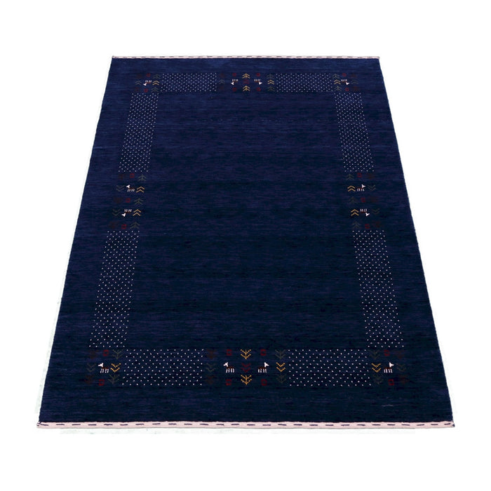 Ready to Ship Solid Blue Border Patterns Hand Loomed Wool Area Rug