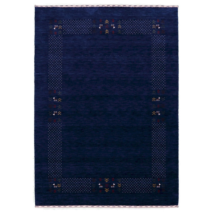 Ready to Ship Solid Blue Border Patterns Hand Loomed Wool Area Rug