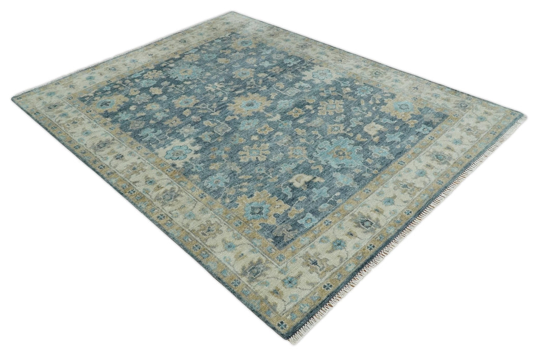 Ready to Ship Teal Blue Hand Knotted Oriental Oushak Ivory and Beige Wool Area Rug