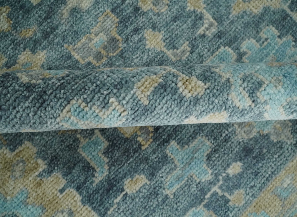 Ready to Ship Teal Blue Hand Knotted Oriental Oushak Ivory and Beige Wool Area Rug