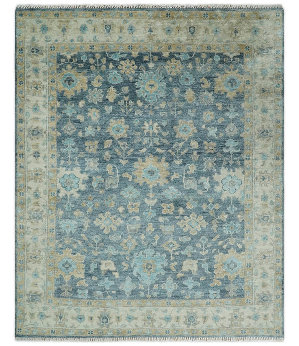Ready to Ship Teal Blue Hand Knotted Oriental Oushak Ivory and Beige Wool Area Rug