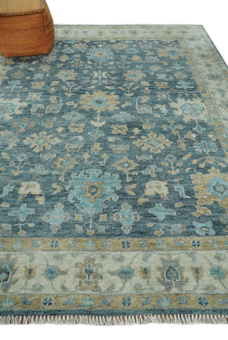 Ready to Ship Teal Blue Hand Knotted Oriental Oushak Ivory and Beige Wool Area Rug