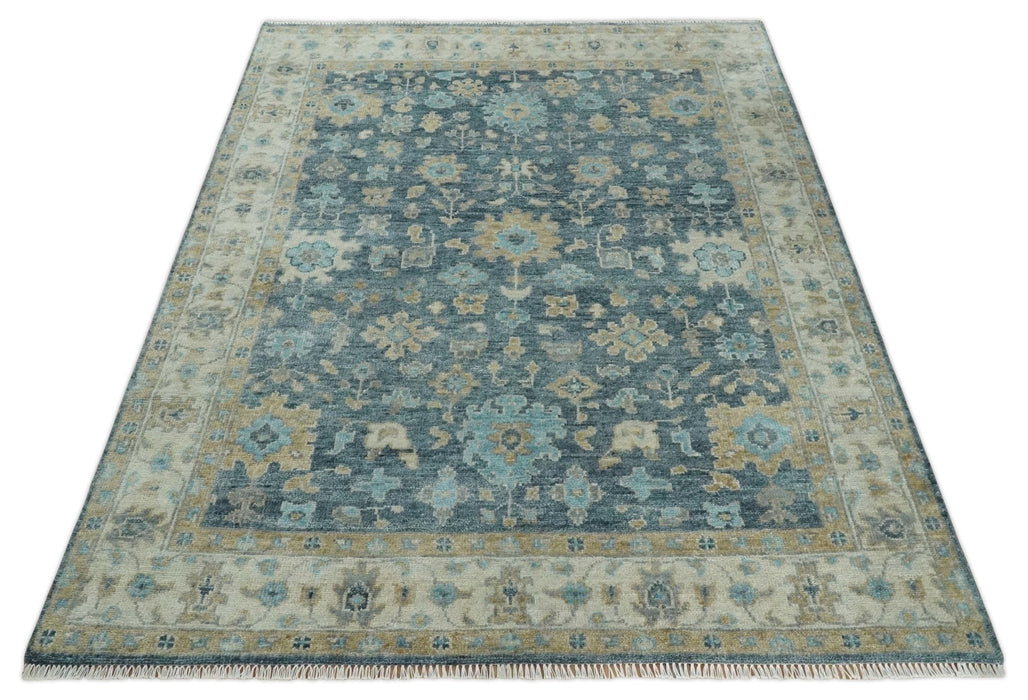 Ready to Ship Teal Blue Hand Knotted Oriental Oushak Ivory and Beige Wool Area Rug