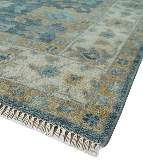 Ready to Ship Teal Blue Hand Knotted Oriental Oushak Ivory and Beige Wool Area Rug