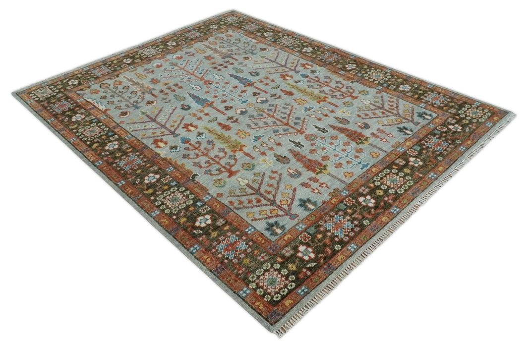 Ready to Ship Tree of Life Hand Knotted Silver, Brown and Rust Traditional Oushak Wool Rug