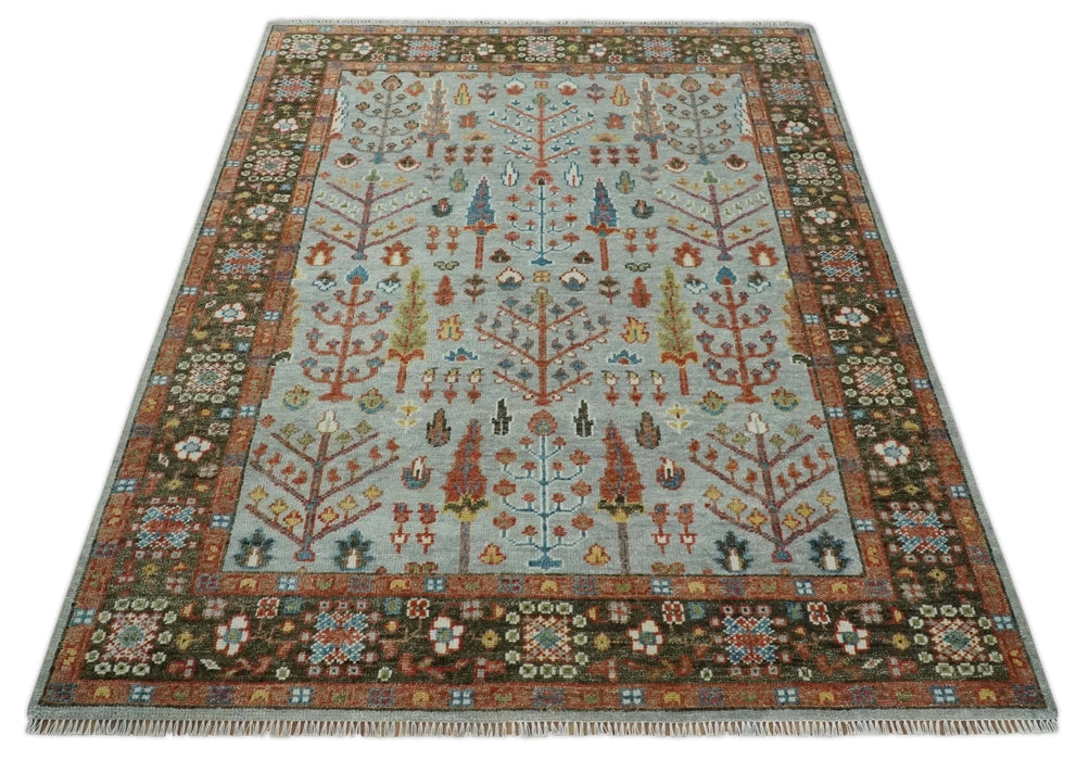 Ready to Ship Tree of Life Hand Knotted Silver, Brown and Rust Traditional Oushak Wool Rug