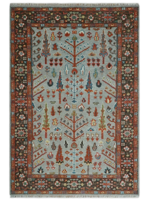 Ready to Ship Tree of Life Hand Knotted Silver, Brown and Rust Traditional Oushak Wool Rug