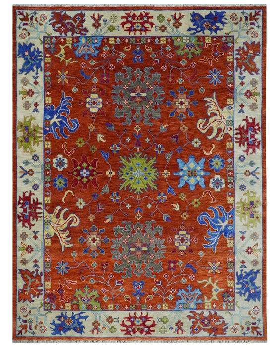 Red and Ivory Vibrant colorful Hand knotted Traditional Oushak 9x12 Wool Area Rug