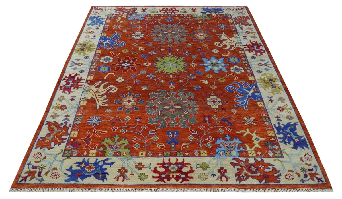 Red and Ivory Vibrant colorful Hand knotted Traditional Oushak 9x12 Wool Area Rug
