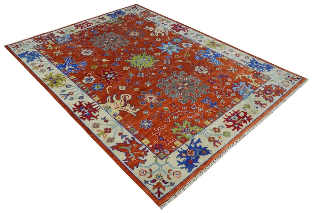 Red and Ivory Vibrant colorful Hand knotted Traditional Oushak 9x12 Wool Area Rug