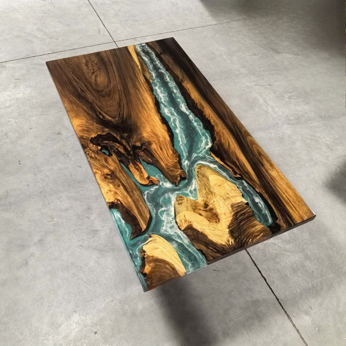 8 ft Resin Table Blue Ocean Style Resin Epoxy River Table With Cross-shaped Legs