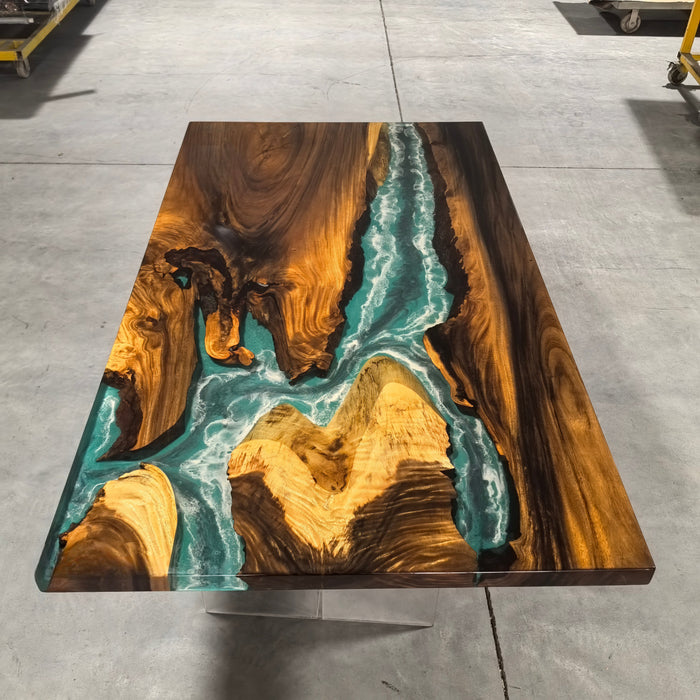 8 ft Resin Table Blue Ocean Style Resin Epoxy River Table With Cross-shaped Legs
