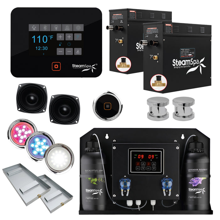 Black Series WiFi and Bluetooth 2 x 9kW QuickStart Steam Bath Generator Package with Dual Aroma Pump in Polished Chrome