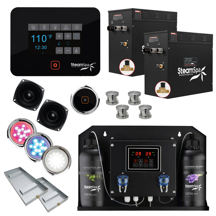 Black Series WiFi and Bluetooth 2 x 12kW QuickStart Steam Bath Generator Package with Dual Aroma Pump in Brushed Nickel