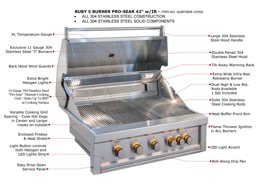 Sunstone Ruby 42-Inch 5-Burner Built-In Natural Gas Grill With Pro-Sear And Rotisserie RUBY5BIR