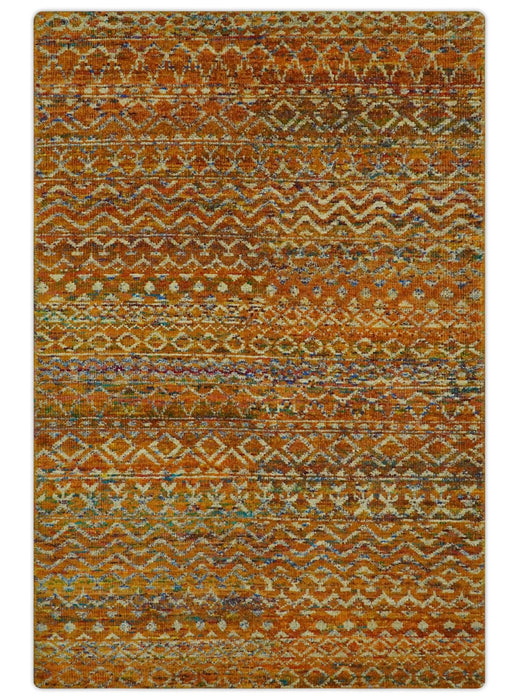 Rust and Beige 6x8.6 Contemporary Southwestern Tribal Trellis Recycled silk Rug