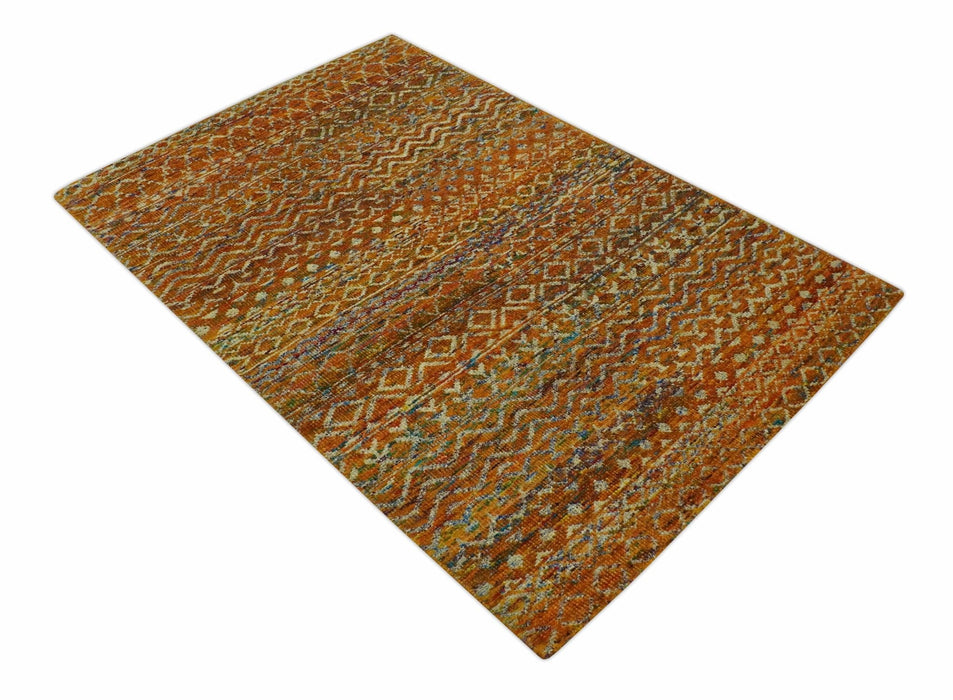 Rust and Beige 6x8.6 Contemporary Southwestern Tribal Trellis Recycled silk Rug
