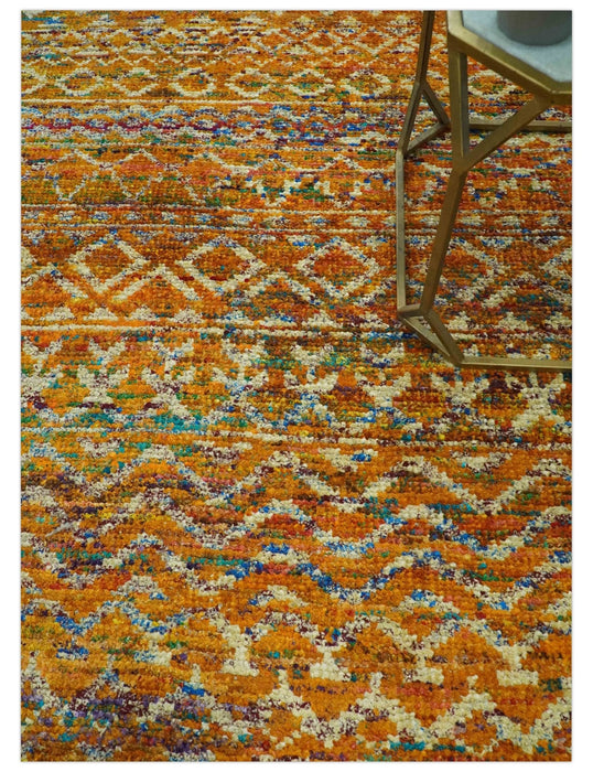 Rust and Beige 6x8.6 Contemporary Southwestern Tribal Trellis Recycled silk Rug