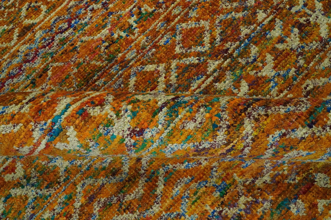 Rust and Beige 6x8.6 Contemporary Southwestern Tribal Trellis Recycled silk Rug