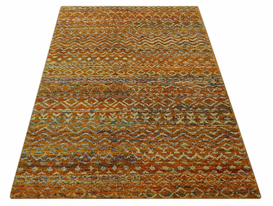 Rust and Beige 6x8.6 Contemporary Southwestern Tribal Trellis Recycled silk Rug