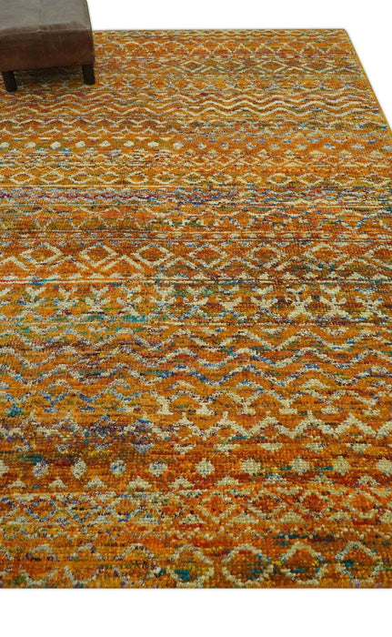 Rust and Beige 6x8.6 Contemporary Southwestern Tribal Trellis Recycled silk Rug