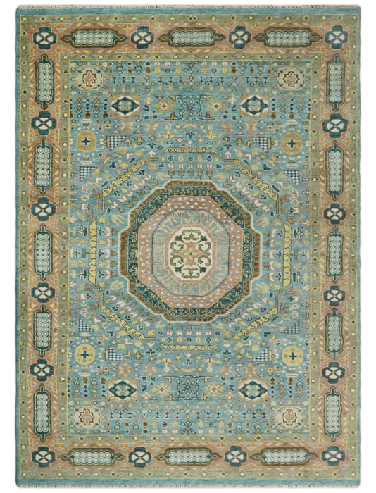 Rust and Blue Hand Knotted traditional Antique look Turkish Mamluk Living Room Multi Size wool Area Rug