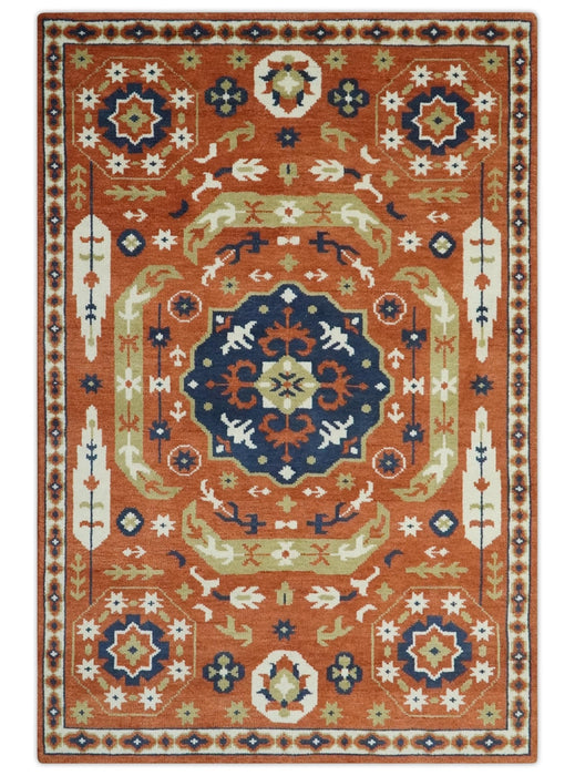 Rust and Blue Hand Knotted Traditional Medallion Mamluk Design Multi Size wool Rug