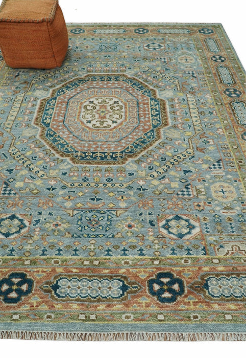 Rust and Blue Mamluk Rug 8x10, 9x12, 10x14 Hand Knotted Antique Style