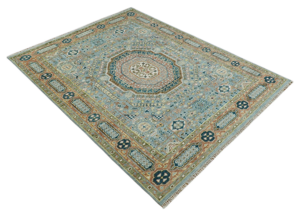 Rust and Blue Mamluk Rug 8x10, 9x12, 10x14 Hand Knotted Antique Style