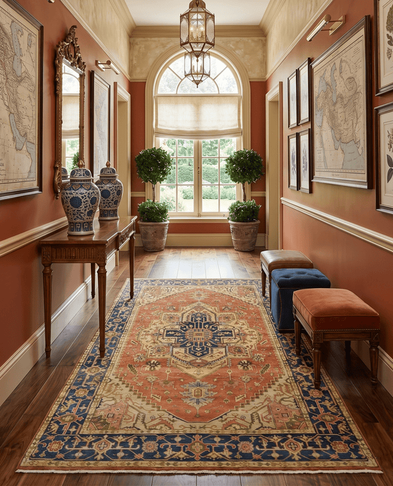 Rust And Blue Traditional Heriz Hand knotted Wool Area Rug