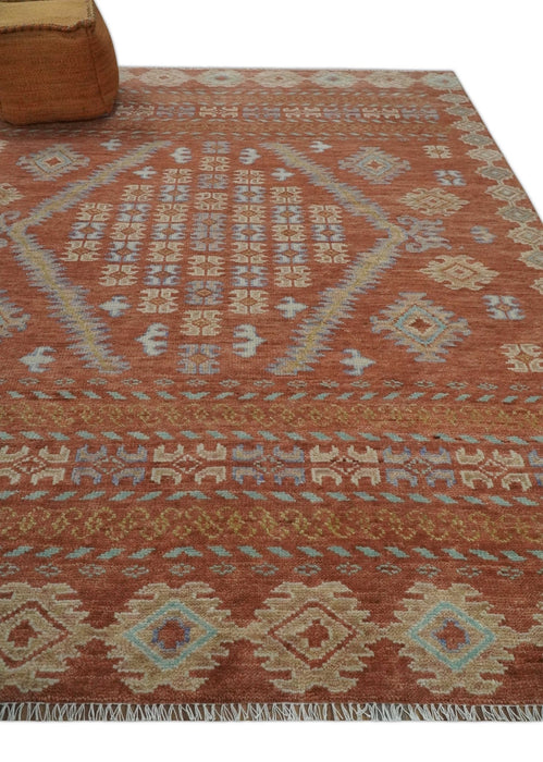 Rust, Beige and Blue Hand knotted Traditional Multi Size Oriental wool Area Rug