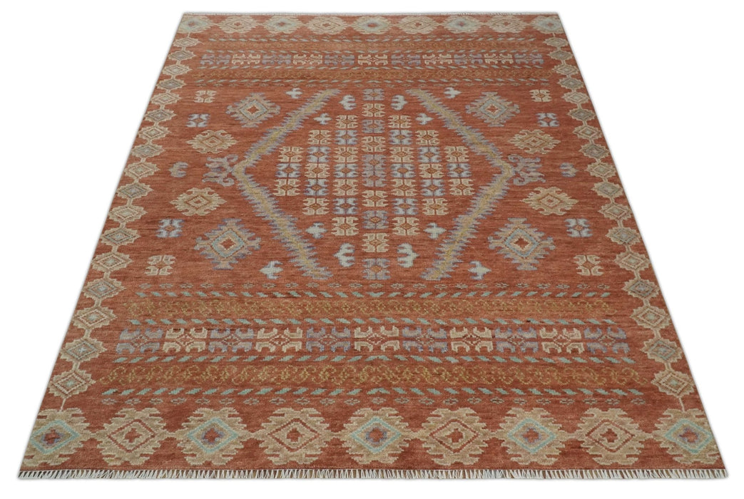 Rust, Beige and Blue Hand knotted Traditional Multi Size Oriental wool Area Rug