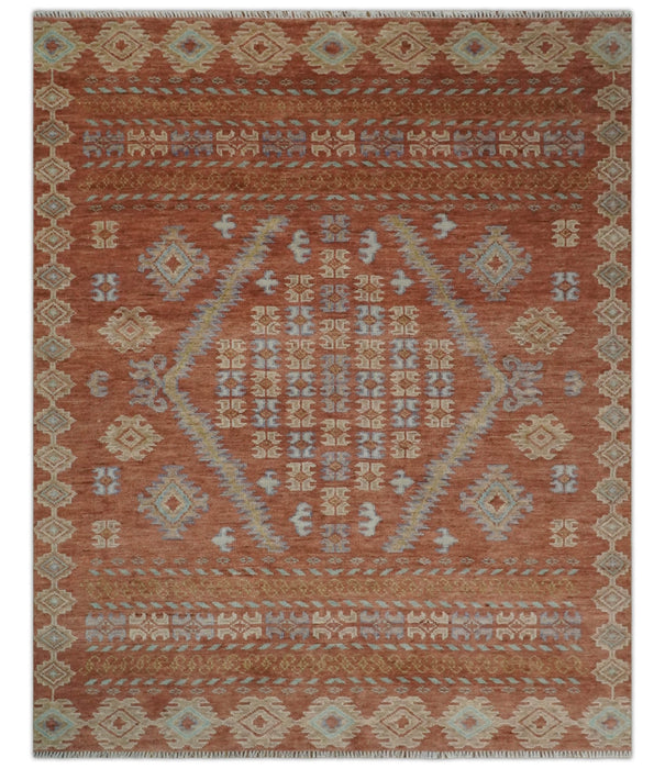 Rust, Beige and Blue Hand knotted Traditional Multi Size Oriental wool Area Rug