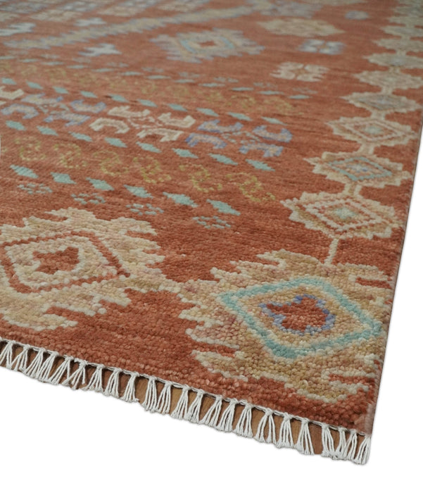 Rust, Beige and Blue Hand knotted Traditional Multi Size Oriental wool Area Rug