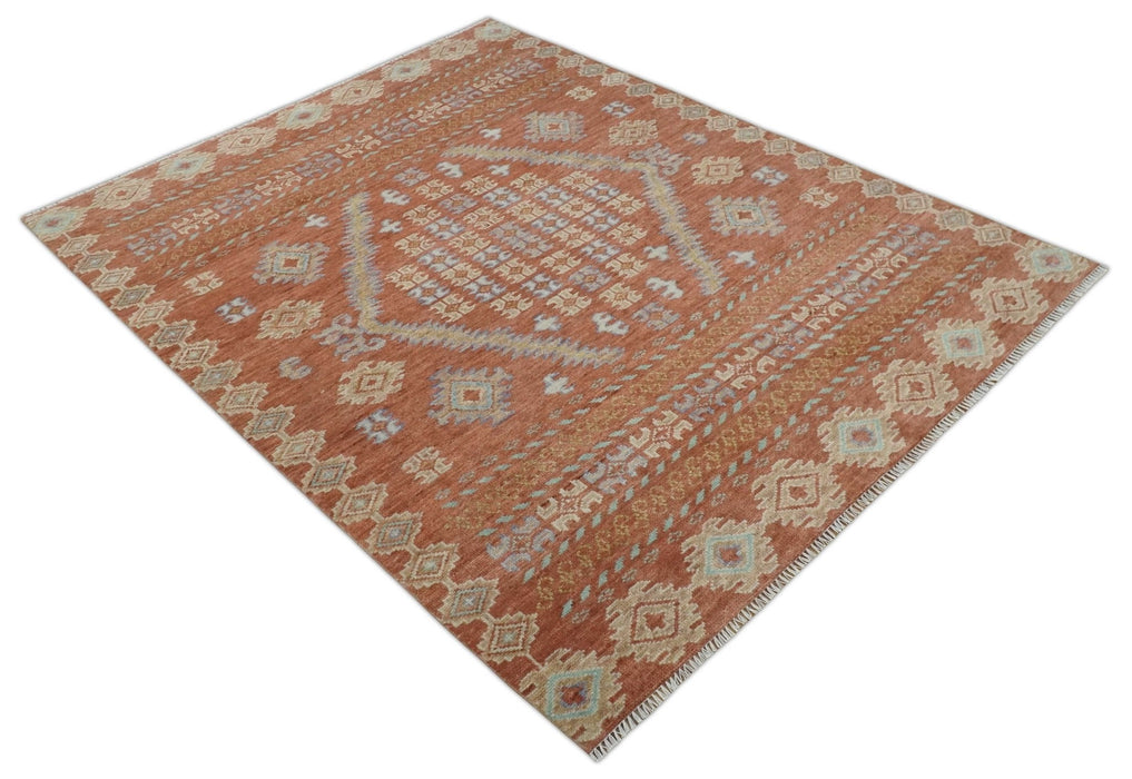 Rust, Beige and Blue Hand knotted Traditional Multi Size Oriental wool Area Rug