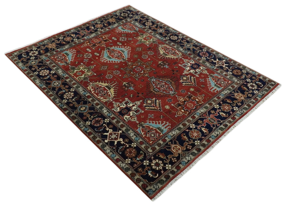 Rust, Blue and Beige Hand Knotted Antique 8x10 Traditional Wool Rug
