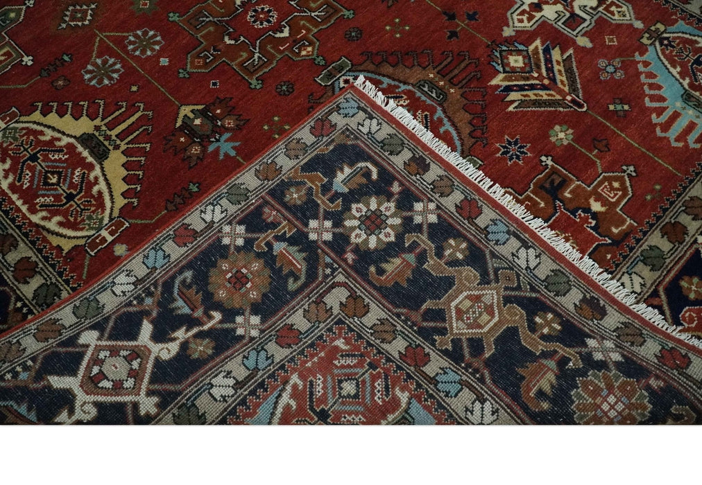 Rust, Blue and Beige Hand Knotted Antique 8x10 Traditional Wool Rug