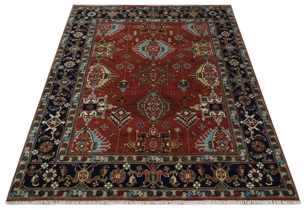 Rust, Blue and Beige Hand Knotted Antique 8x10 Traditional Wool Rug