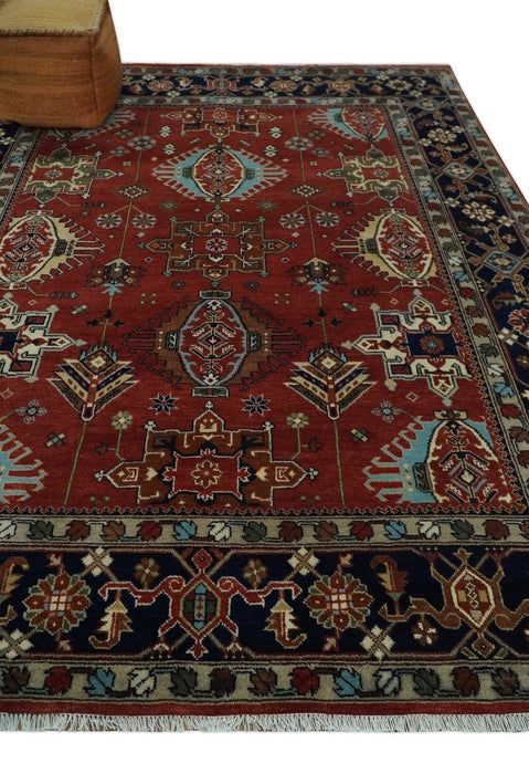 Rust, Blue and Beige Hand Knotted Antique 8x10 Traditional Wool Rug