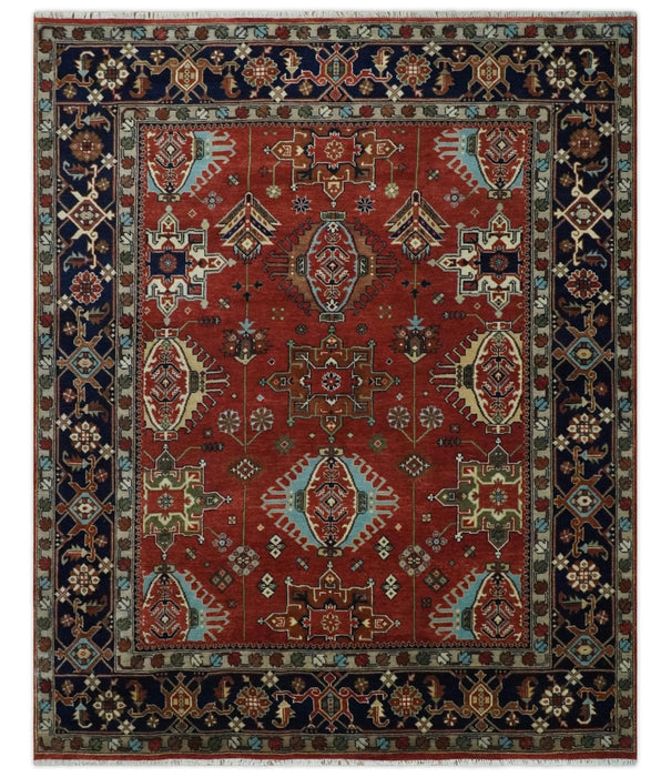 Rust, Blue and Beige Hand Knotted Antique 8x10 Traditional Wool Rug