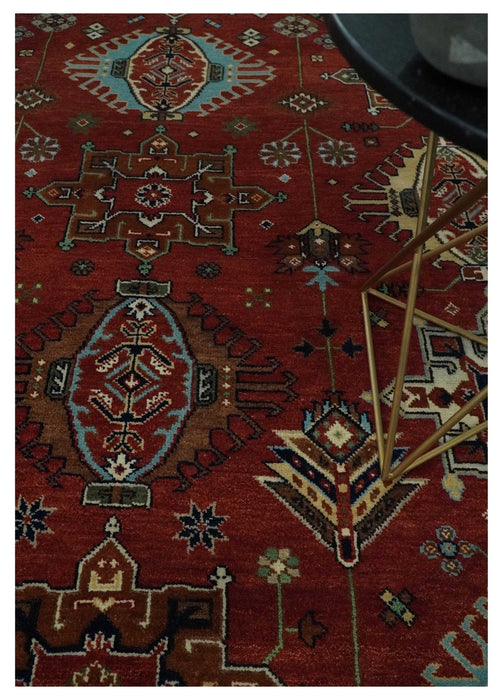 Rust, Blue and Beige Hand Knotted Antique 8x10 Traditional Wool Rug