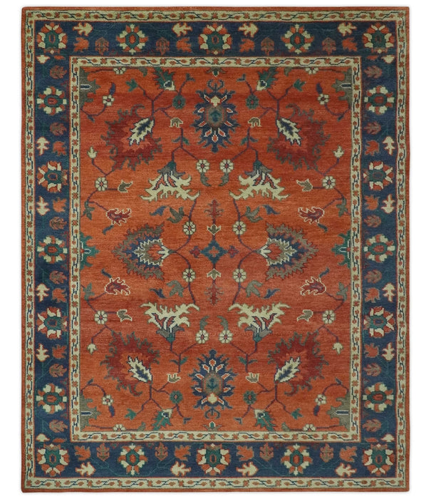 Rust, Blue and Beige Hand Knotted Oriental Oushak Multi Size wool Area Rug