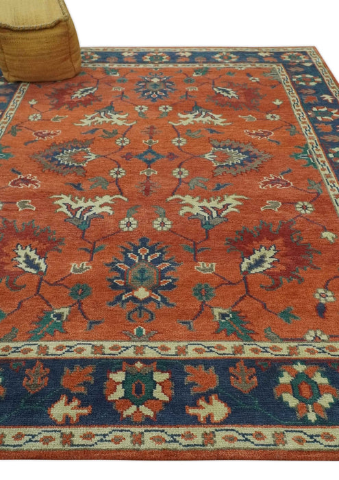 Rust, Blue and Beige Hand Knotted Oriental Oushak Multi Size wool Area Rug